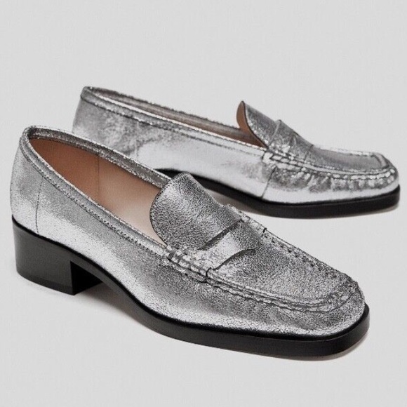 Zara Shoes - ZARA Shimmery Silver Leather Square Toe Loafers